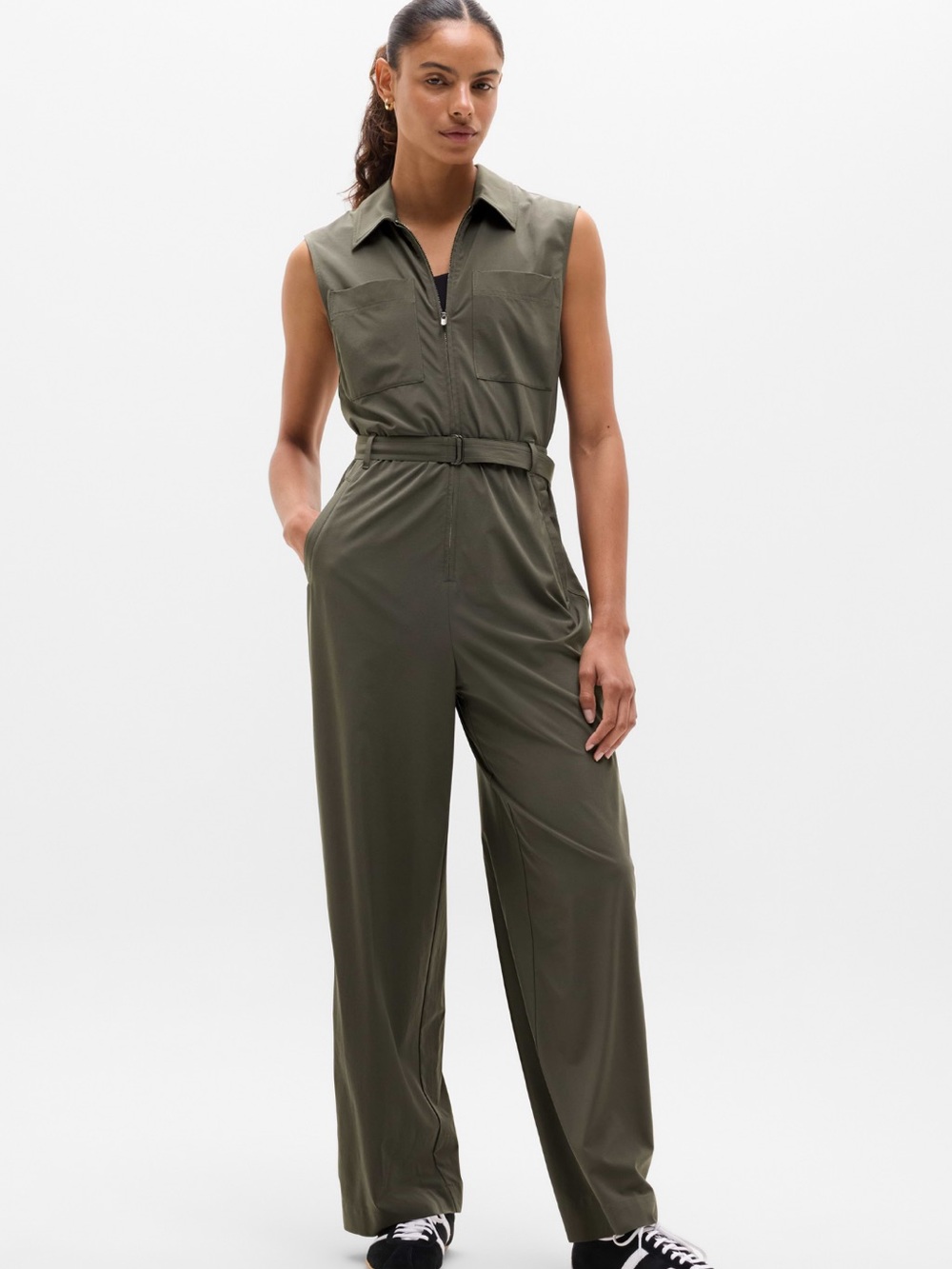 Sleeveless Utility Jumpsuit in Olive —-No Belt!